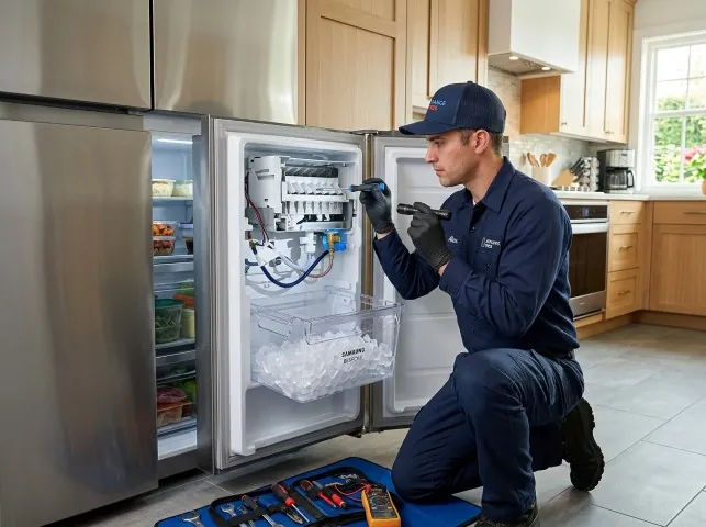 Appliance Repair Hero technician repairing a refrigerator ice maker in Angwin, CA