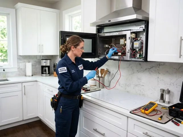 Appliance Repair Hero technician testing an over-the-range microwave in a Angwin, CA kitchen