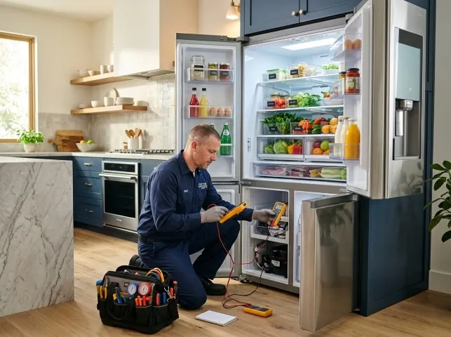 Appliance Repair Hero refrigerator technician testing a fridge on a Angwin, CA service call