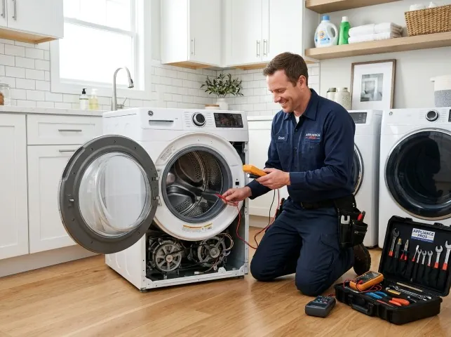 Appliance Repair Hero technician testing a front-load washer with a multimeter on a Angwin, CA service call
